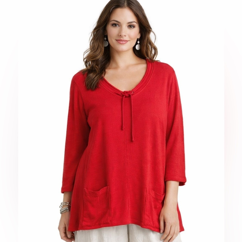 CMC - Color Me Cotton Relaxed Red LS Tunic, Pockets, Casual, Lagenlook  L